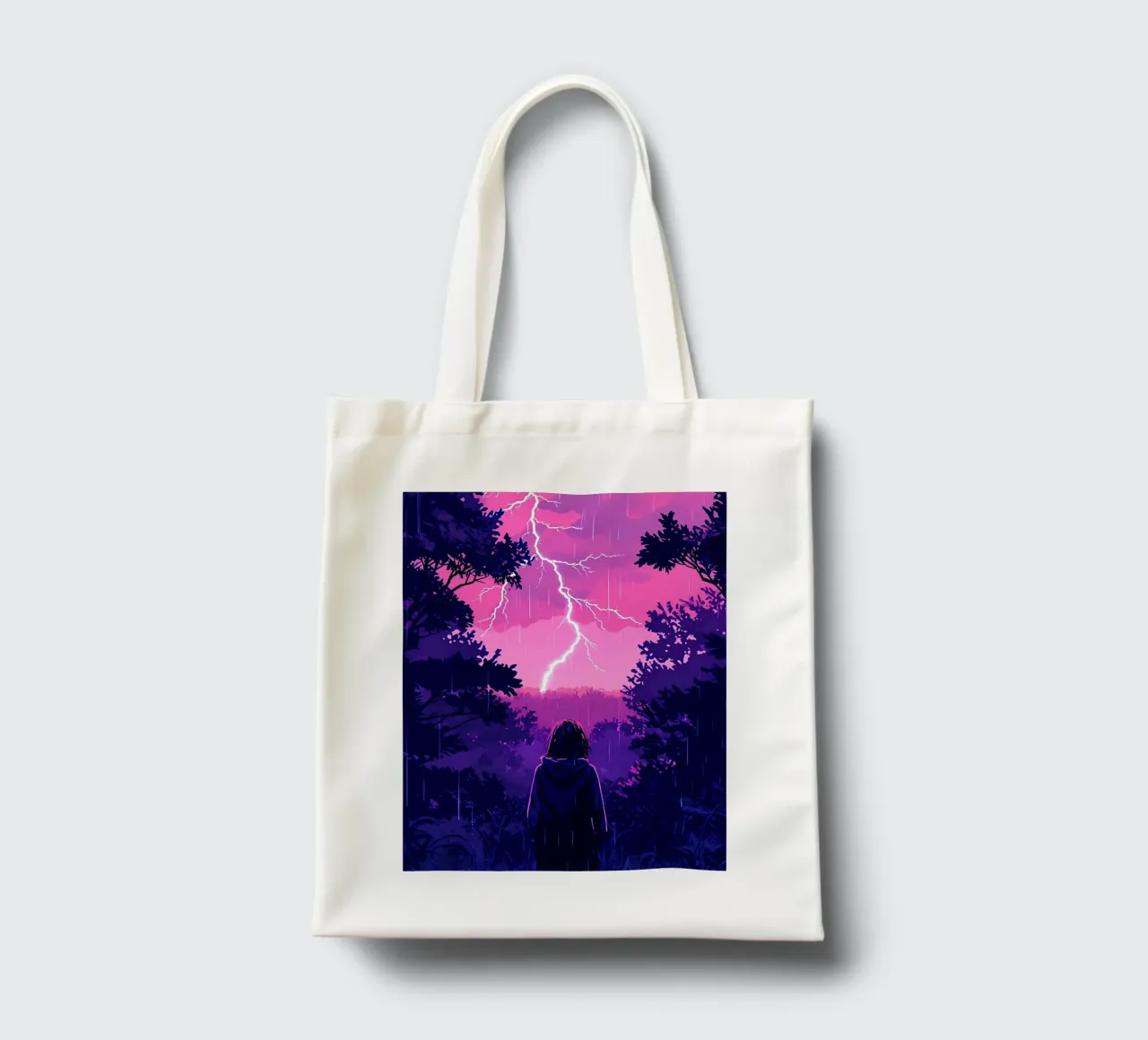 Ragazza in una giungla bloccata in una tempesta di fulmini notte Lofi Art borsa in juta da LoFi Gallery