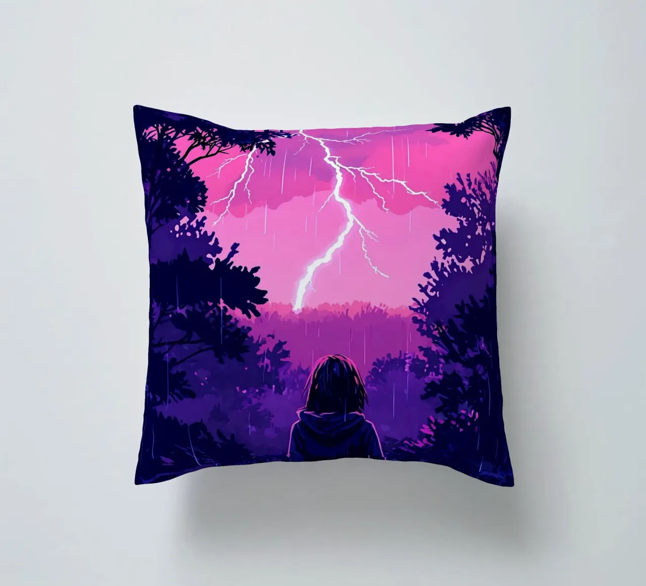 Ragazza in una giungla bloccata in una tempesta di fulmini notte Lofi Art cuscino da LoFi Gallery