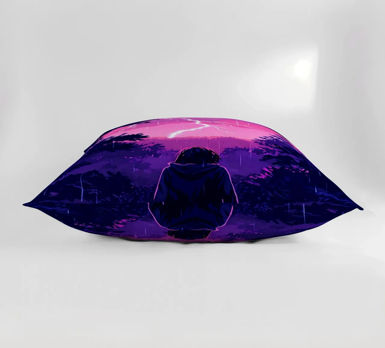 Ragazza in una giungla bloccata in una tempesta di fulmini notte Lofi Art cuscino da LoFi Gallery