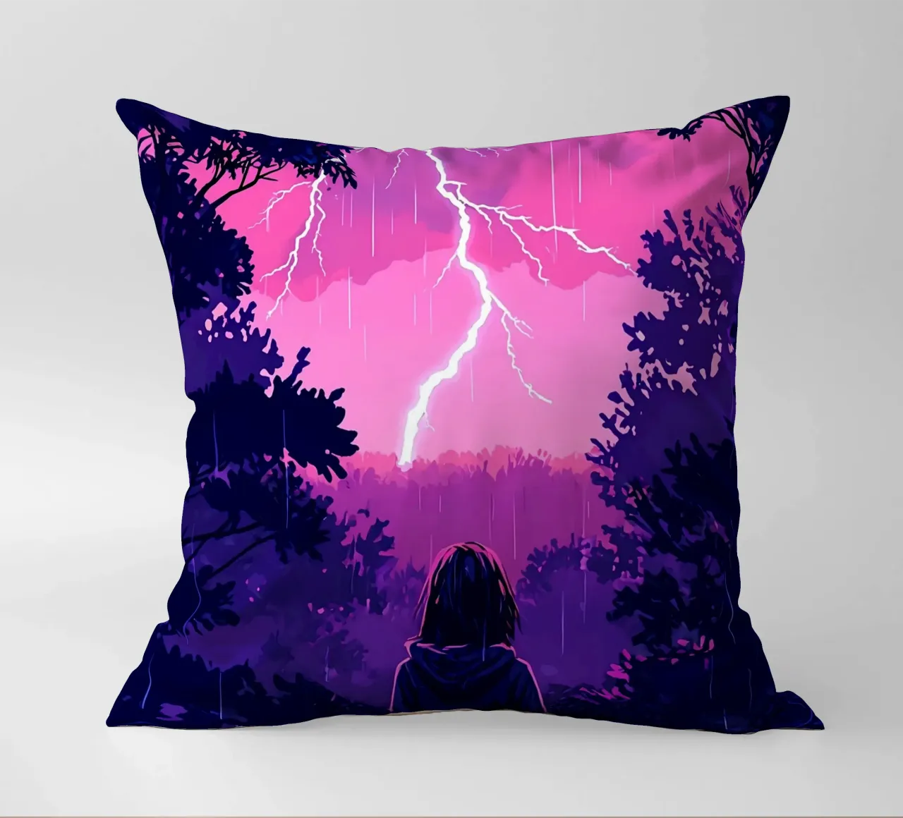 Ragazza in una giungla bloccata in una tempesta di fulmini notte Lofi Art cuscino da LoFi Gallery
