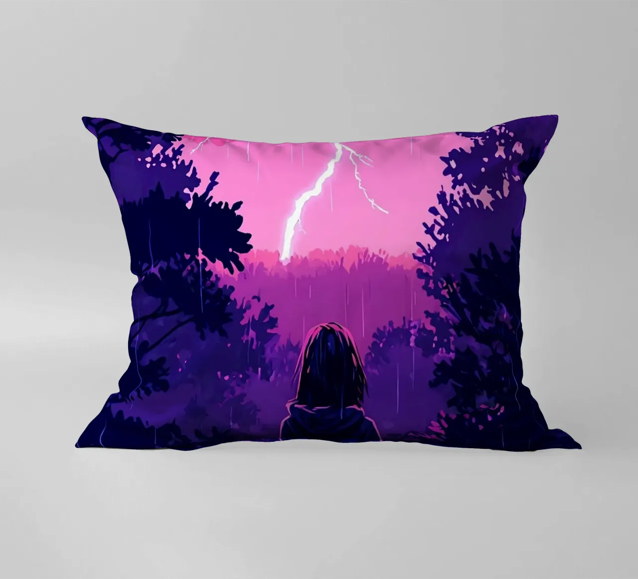 Ragazza in una giungla bloccata in una tempesta di fulmini notte Lofi Art cuscino da LoFi Gallery