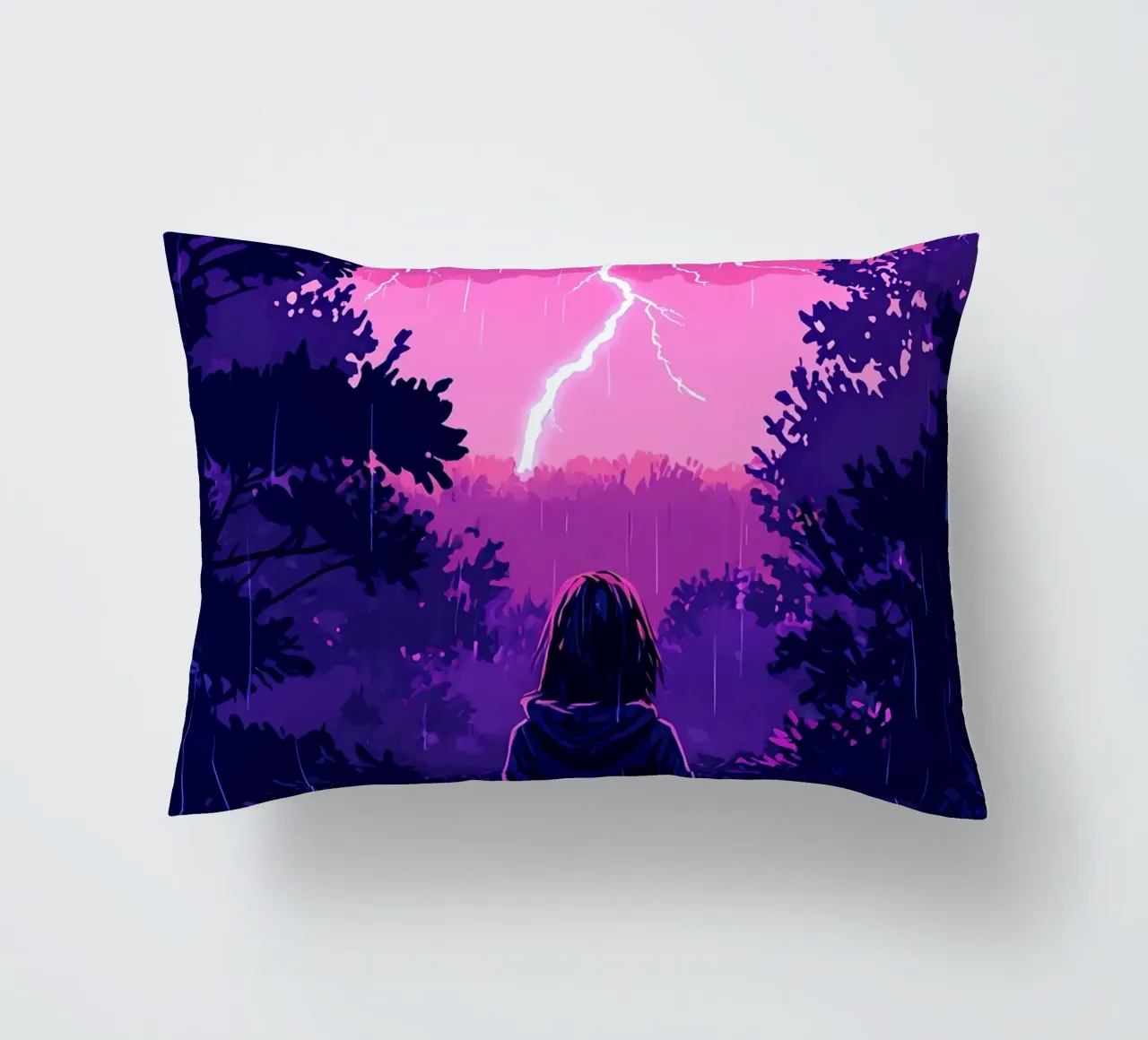Ragazza in una giungla bloccata in una tempesta di fulmini notte Lofi Art cuscino da LoFi Gallery