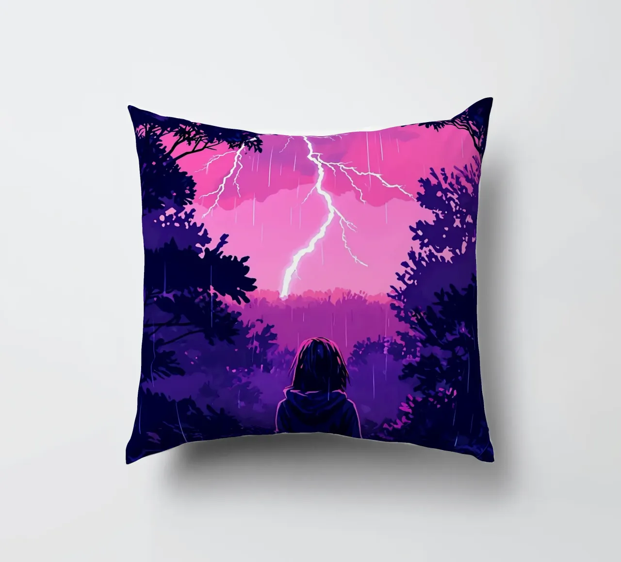Ragazza in una giungla bloccata in una tempesta di fulmini notte Lofi Art cuscino da LoFi Gallery
