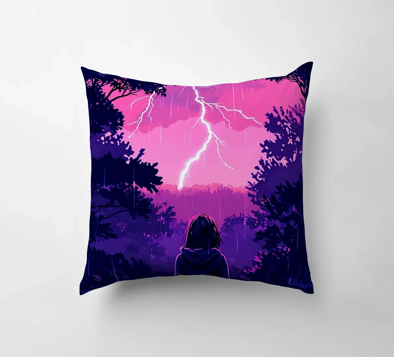 Ragazza in una giungla bloccata in una tempesta di fulmini notte Lofi Art cuscino da LoFi Gallery