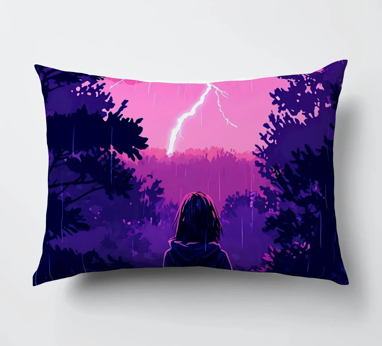Ragazza in una giungla bloccata in una tempesta di fulmini notte Lofi Art cuscino da LoFi Gallery