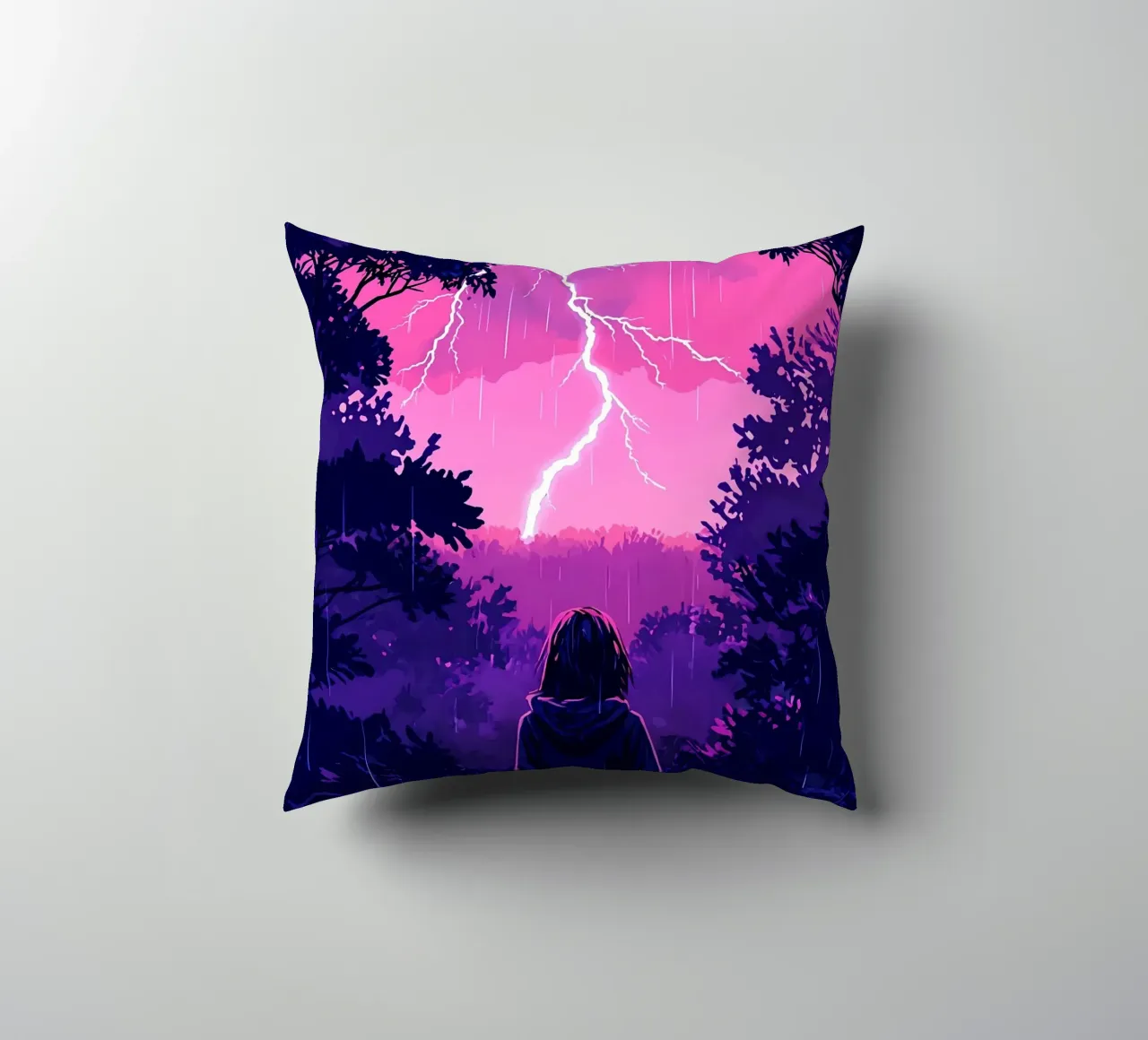 Ragazza in una giungla bloccata in una tempesta di fulmini notte Lofi Art cuscino da LoFi Gallery