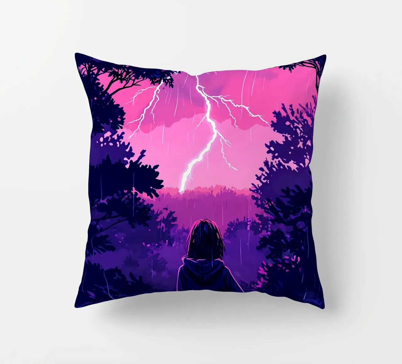 Ragazza in una giungla bloccata in una tempesta di fulmini notte Lofi Art cuscino da LoFi Gallery