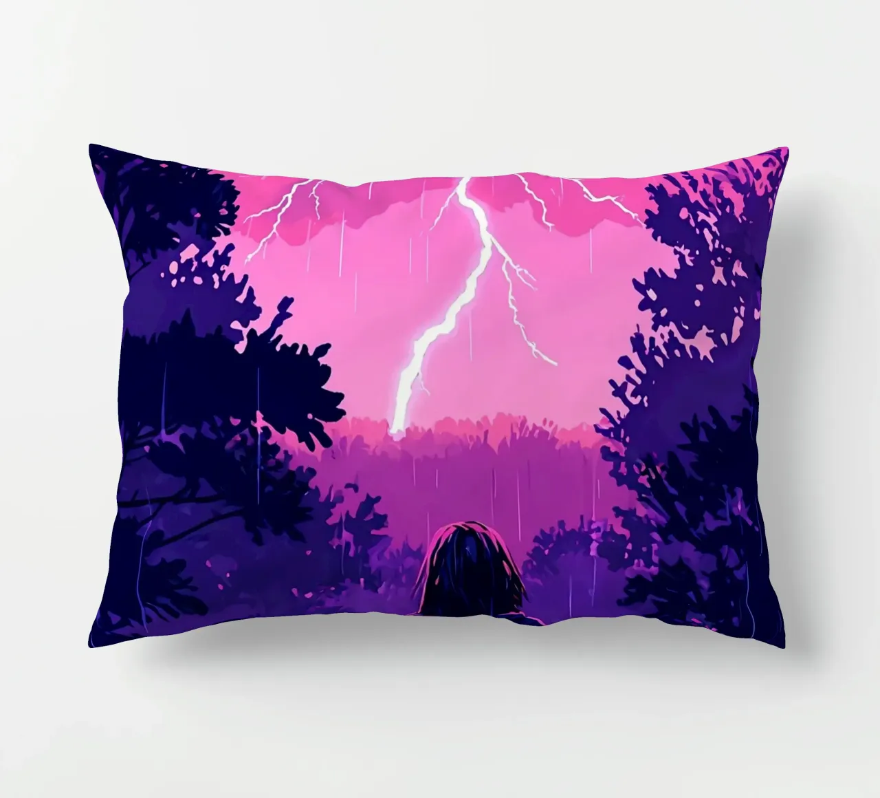 Ragazza in una giungla bloccata in una tempesta di fulmini notte Lofi Art cuscino da LoFi Gallery