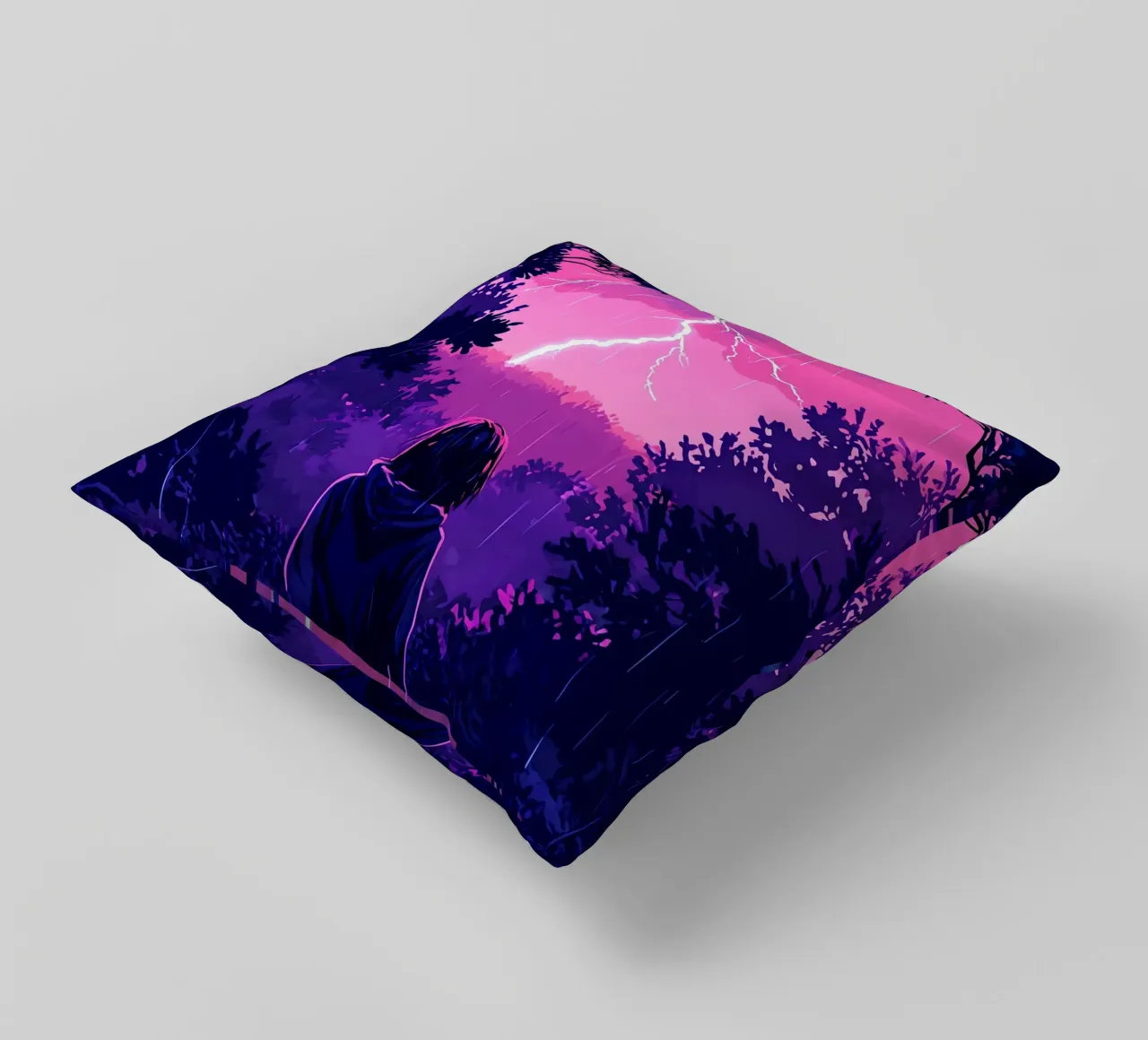 Ragazza in una giungla bloccata in una tempesta di fulmini notte Lofi Art cuscino da LoFi Gallery