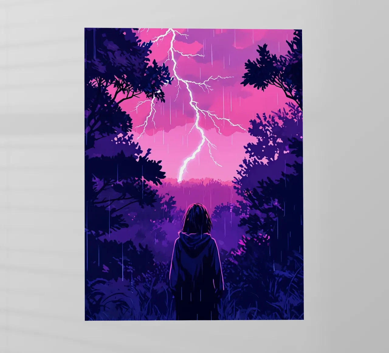 Ragazza in una giungla bloccata in una tempesta di fulmini notte Lofi Art pellicola backlit da LoFi Gallery