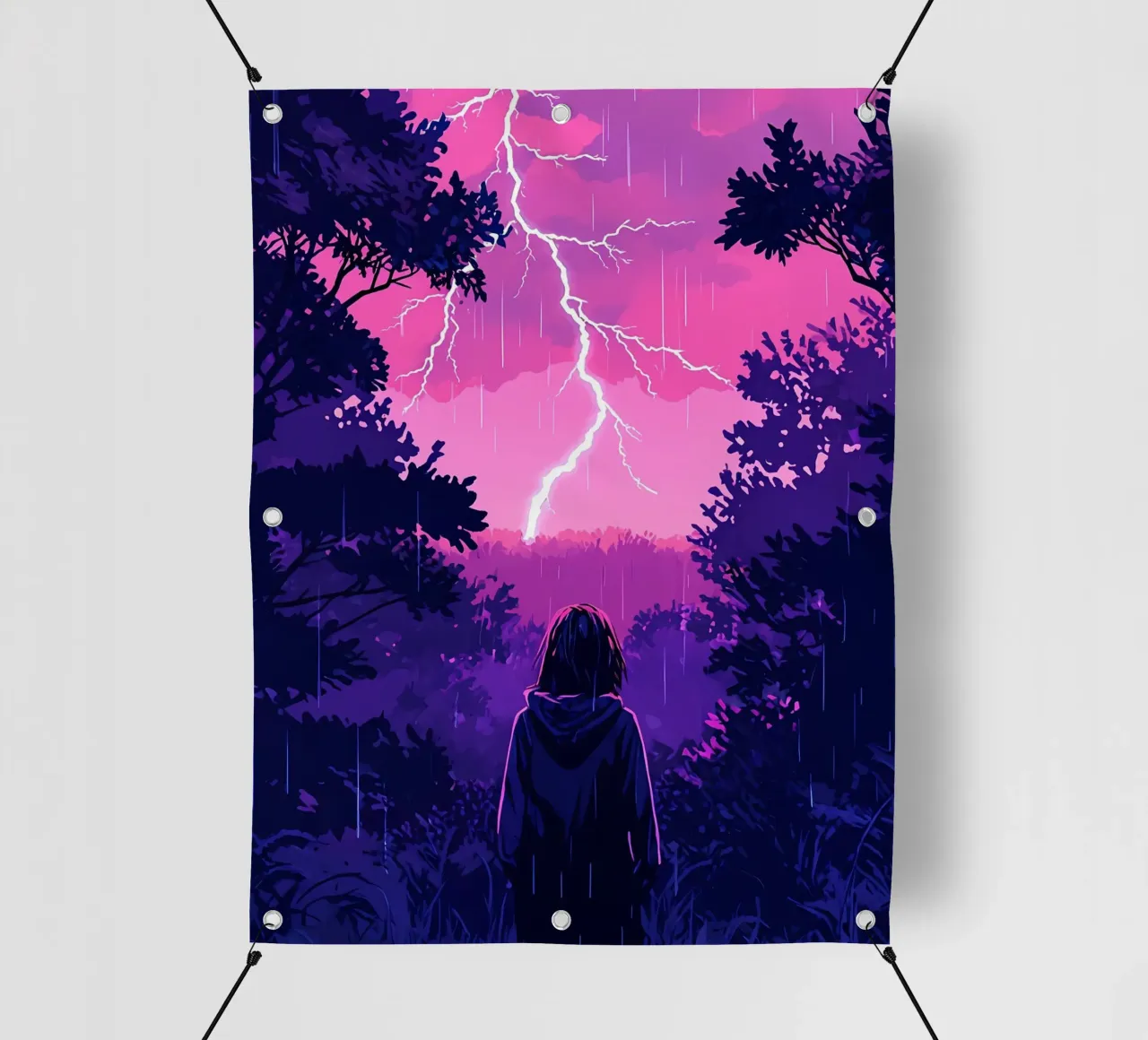 Ragazza in una giungla bloccata in una tempesta di fulmini notte Lofi Art telo in pvc da LoFi Gallery