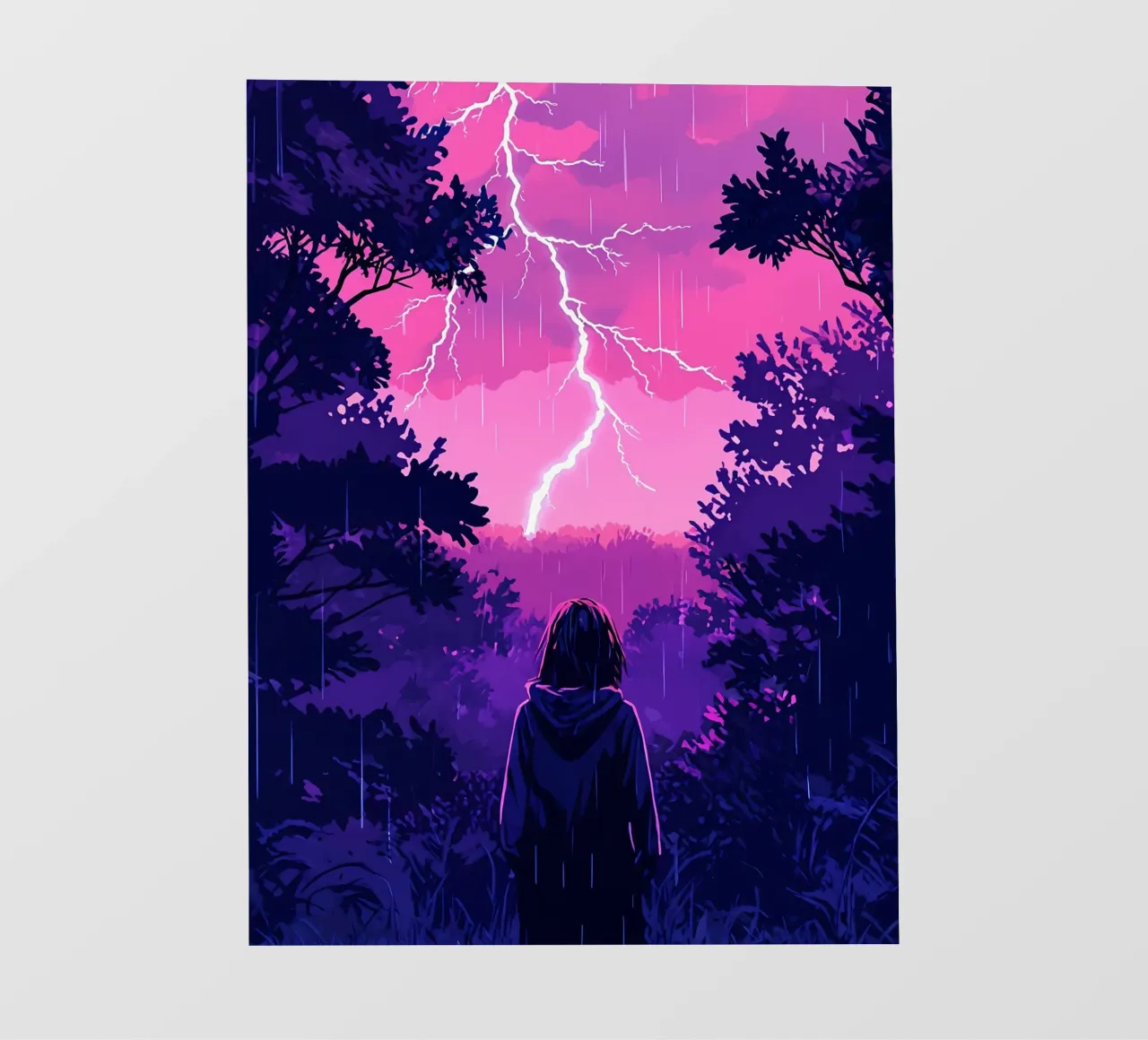 Ragazza in una giungla bloccata in una tempesta di fulmini notte Lofi Art telo in pvc da LoFi Gallery