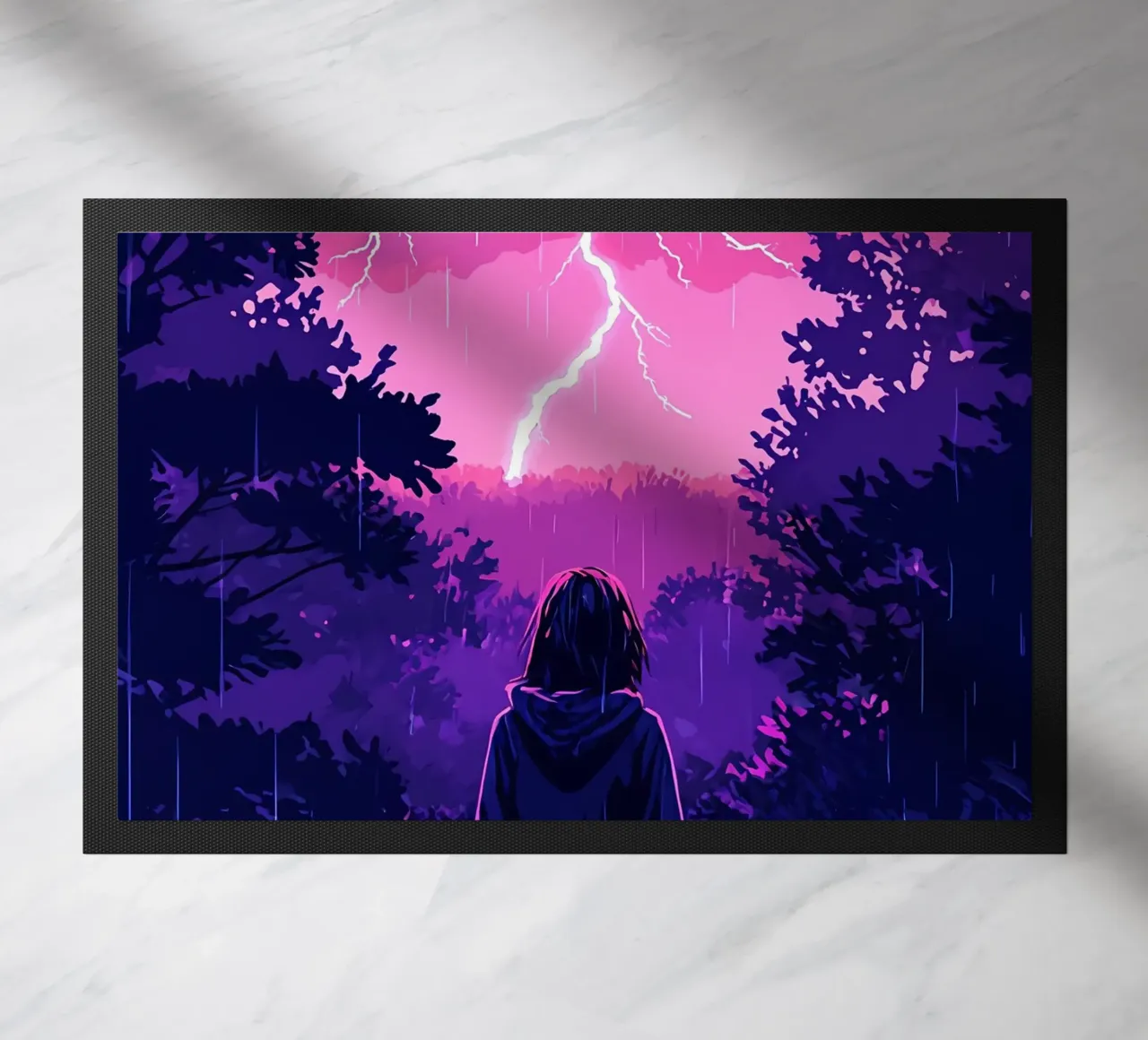 Ragazza in una giungla bloccata in una tempesta di fulmini notte Lofi Art zerbino da LoFi Gallery