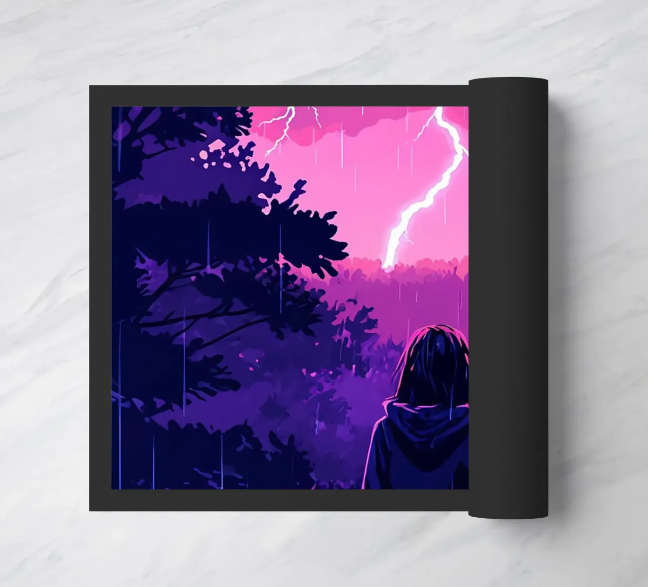 Ragazza in una giungla bloccata in una tempesta di fulmini notte Lofi Art zerbino da LoFi Gallery