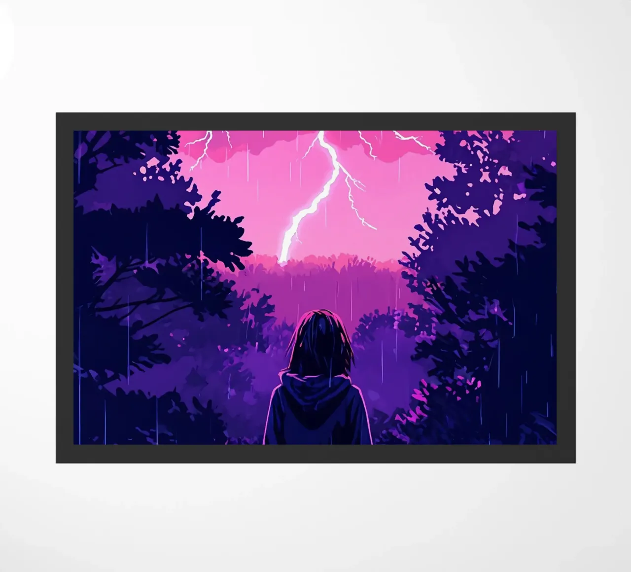 Ragazza in una giungla bloccata in una tempesta di fulmini notte Lofi Art zerbino da LoFi Gallery