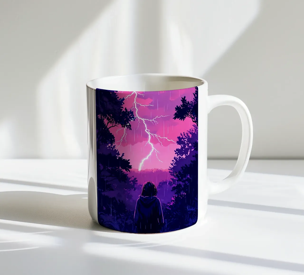 Ragazza in una giungla bloccata in una tempesta di fulmini notte Lofi Art tazza in ceramica da LoFi Gallery