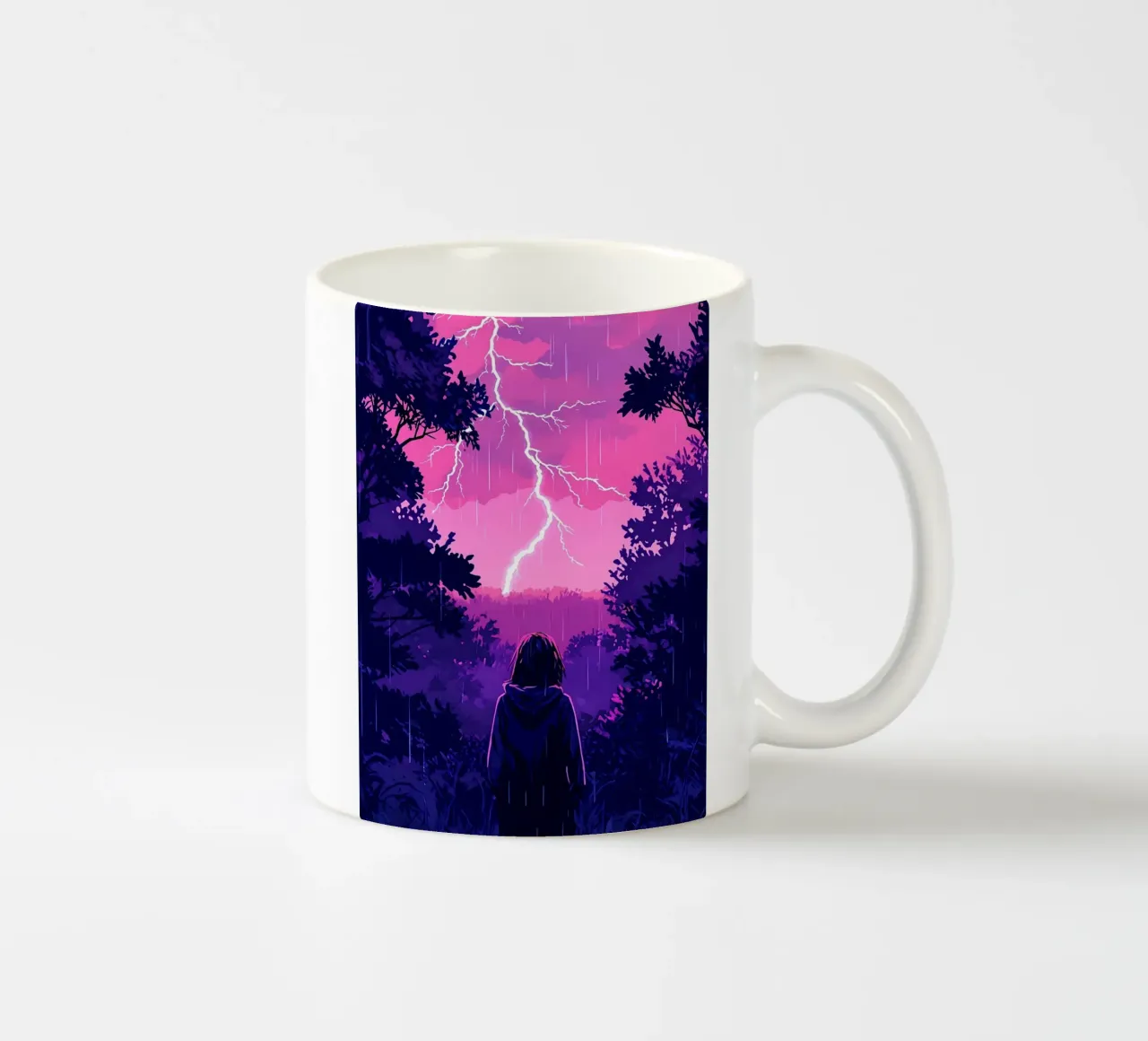 Ragazza in una giungla bloccata in una tempesta di fulmini notte Lofi Art tazza in ceramica da LoFi Gallery