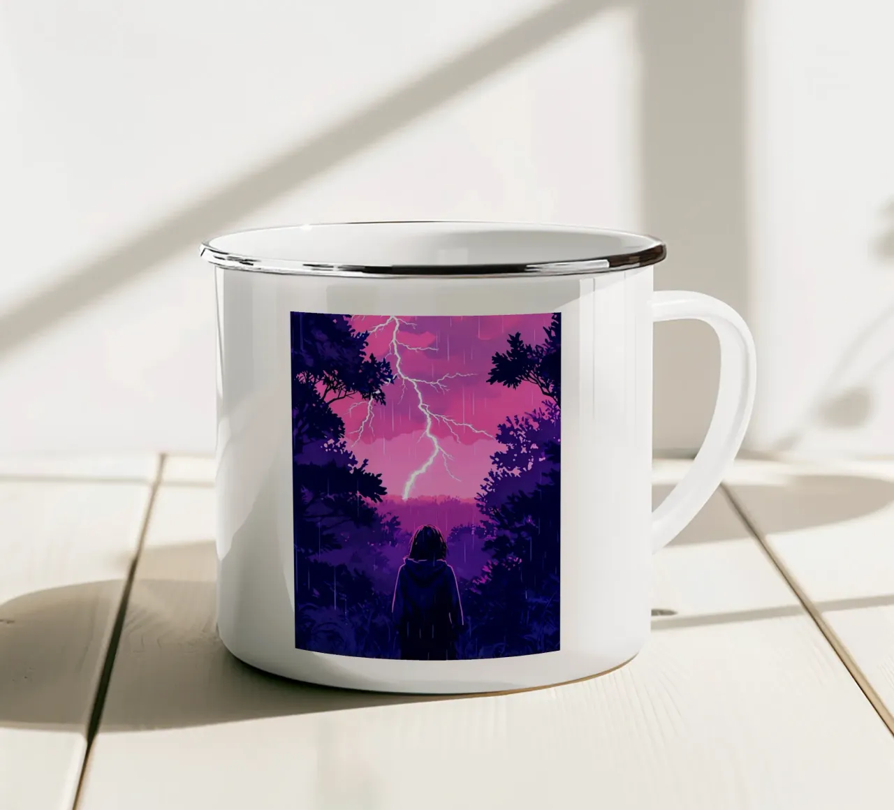 Ragazza in una giungla bloccata in una tempesta di fulmini notte Lofi Art tazza in smalto da LoFi Gallery