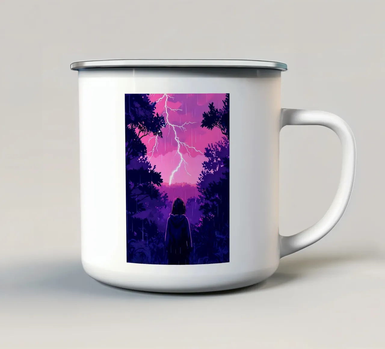 Ragazza in una giungla bloccata in una tempesta di fulmini notte Lofi Art tazza in smalto da LoFi Gallery