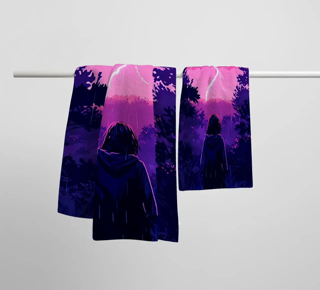 Ragazza in una giungla bloccata in una tempesta di fulmini notte Lofi Art asciugamano da bagno da LoFi Gallery