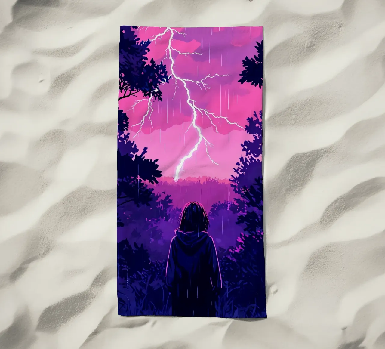 Ragazza in una giungla bloccata in una tempesta di fulmini notte Lofi Art telo mare da LoFi Gallery