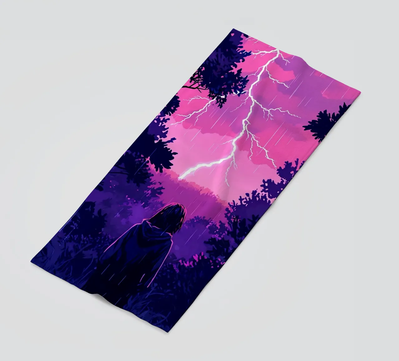 Ragazza in una giungla bloccata in una tempesta di fulmini notte Lofi Art telo mare da LoFi Gallery