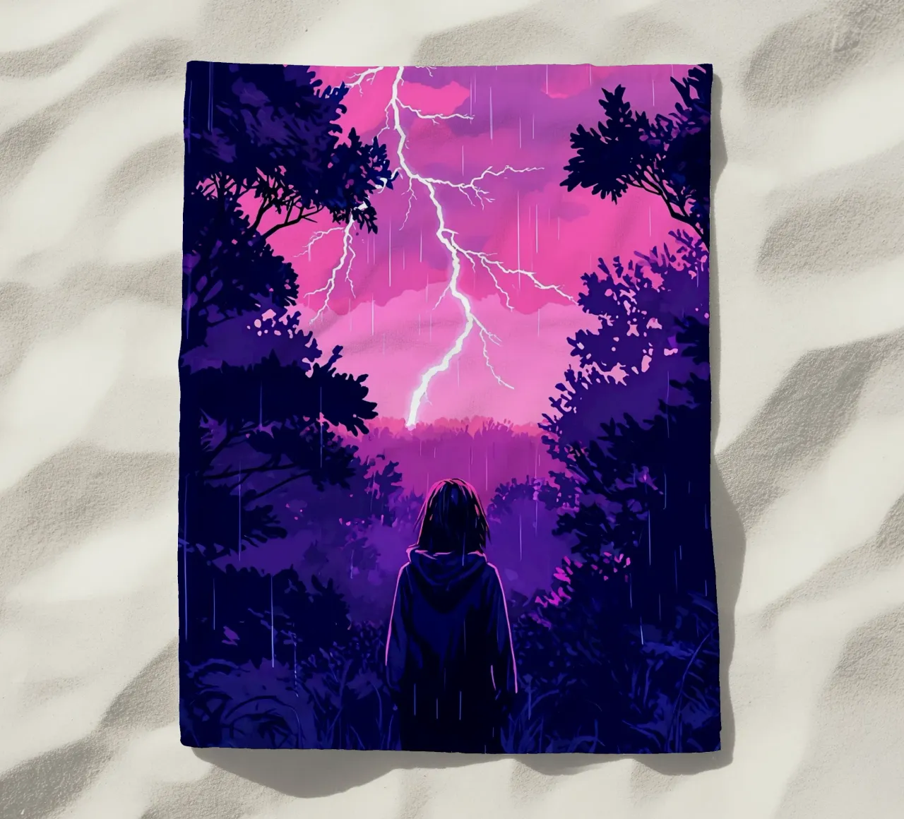 Ragazza in una giungla bloccata in una tempesta di fulmini notte Lofi Art telo mare da LoFi Gallery