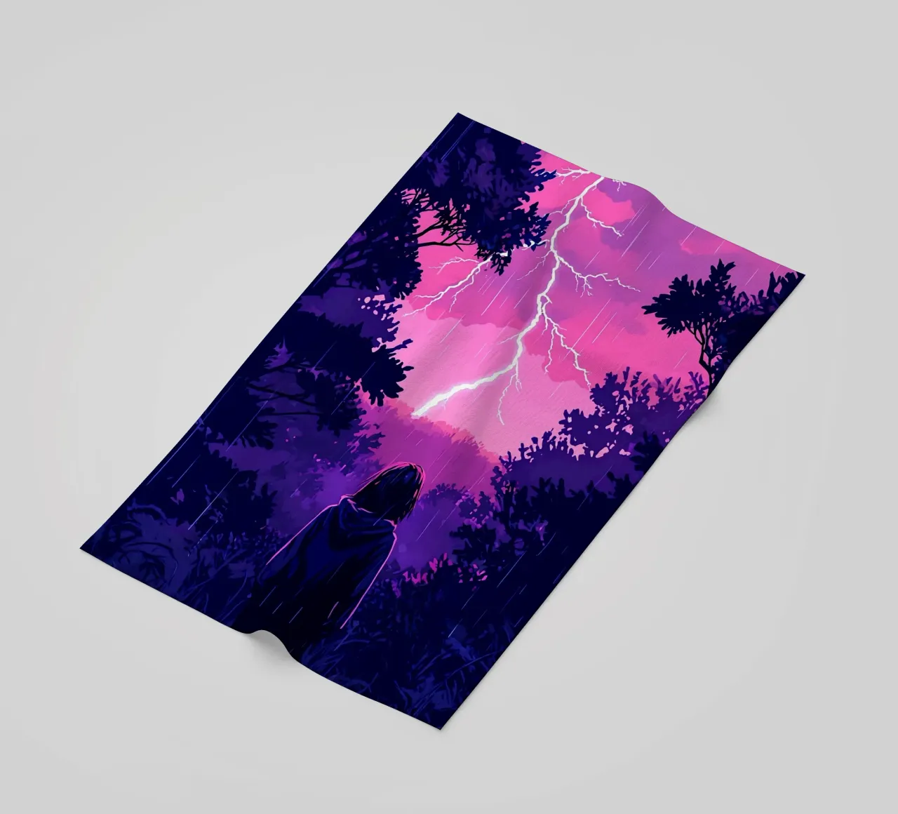 Ragazza in una giungla bloccata in una tempesta di fulmini notte Lofi Art telo mare da LoFi Gallery