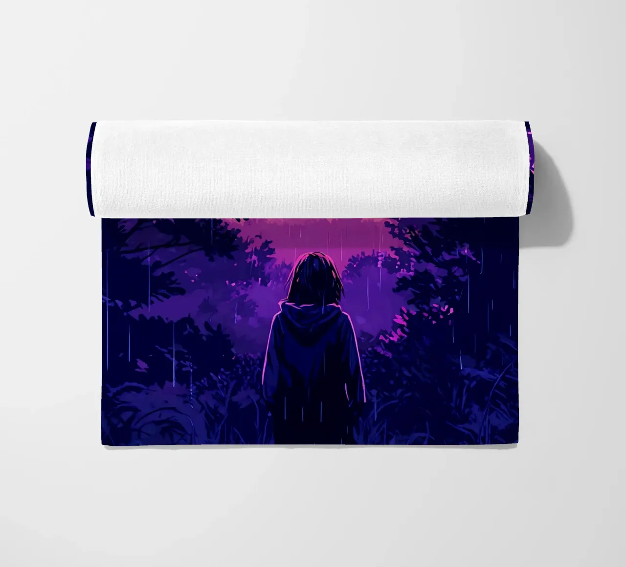 Ragazza in una giungla bloccata in una tempesta di fulmini notte Lofi Art telo mare da LoFi Gallery