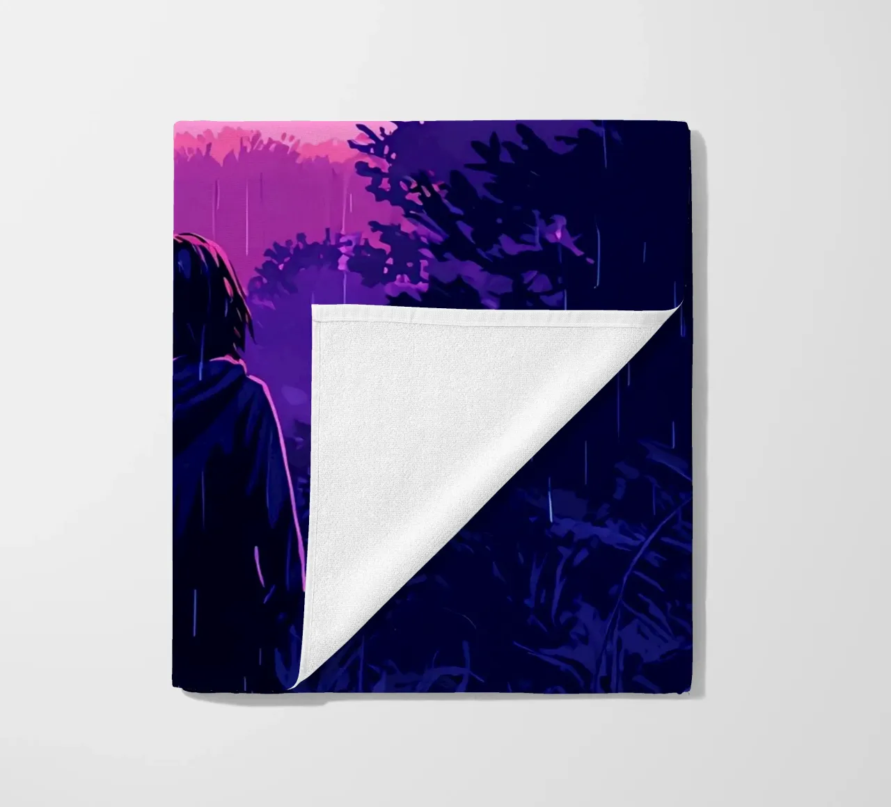 Ragazza in una giungla bloccata in una tempesta di fulmini notte Lofi Art telo mare da LoFi Gallery