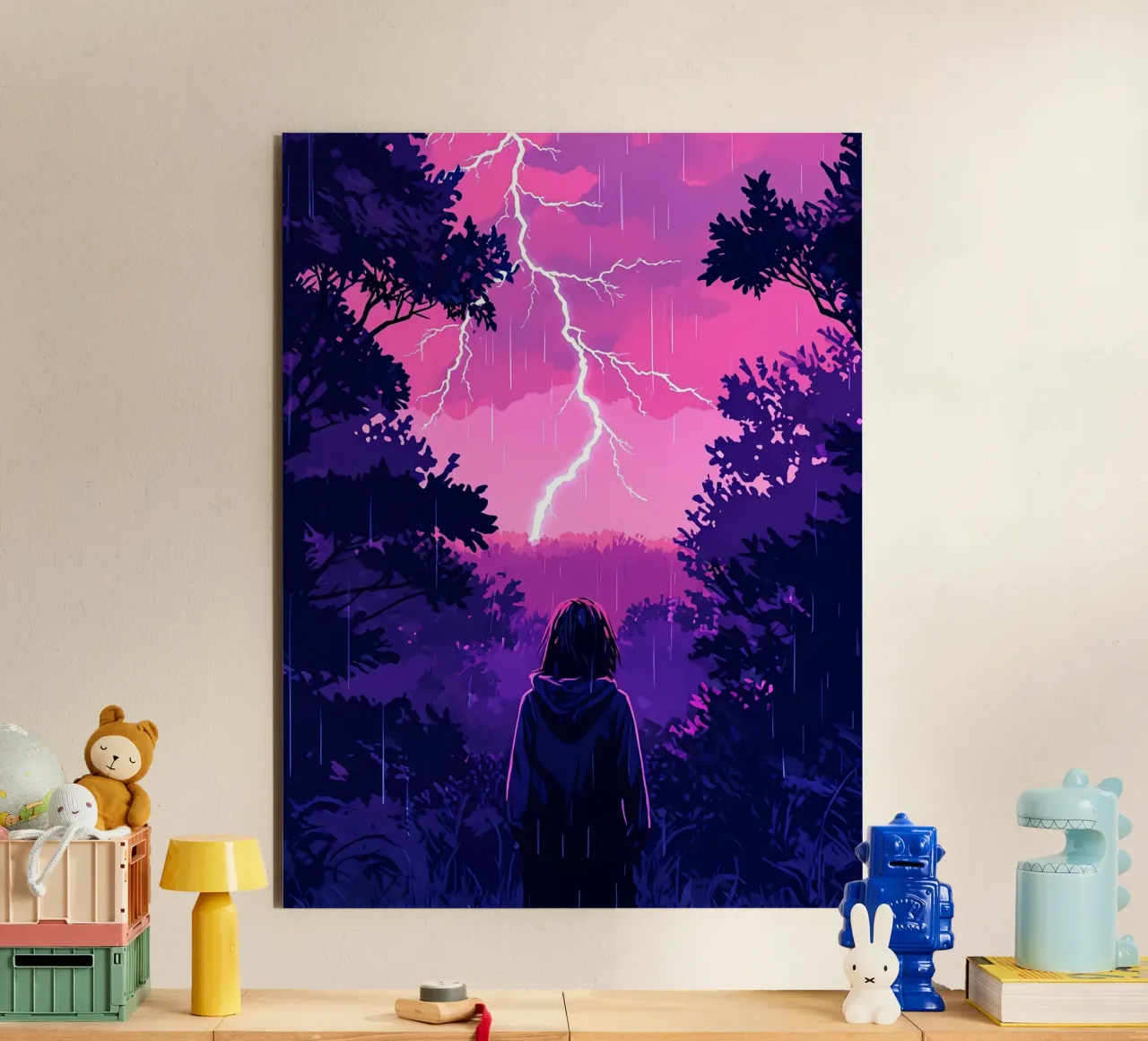 Ragazza in una giungla bloccata in una tempesta di fulmini notte Lofi Art alluminio dibond da LoFi Gallery