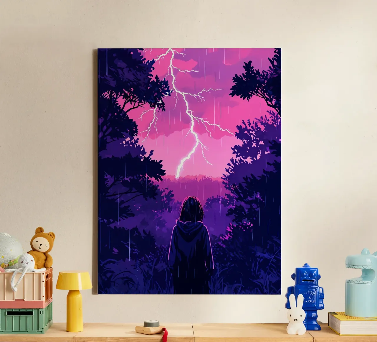 Ragazza in una giungla bloccata in una tempesta di fulmini notte Lofi Art tela da LoFi Gallery