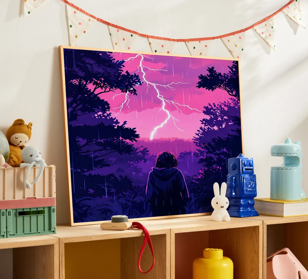 Ragazza in una giungla bloccata in una tempesta di fulmini notte Lofi Art carta hahnemühle da LoFi Gallery