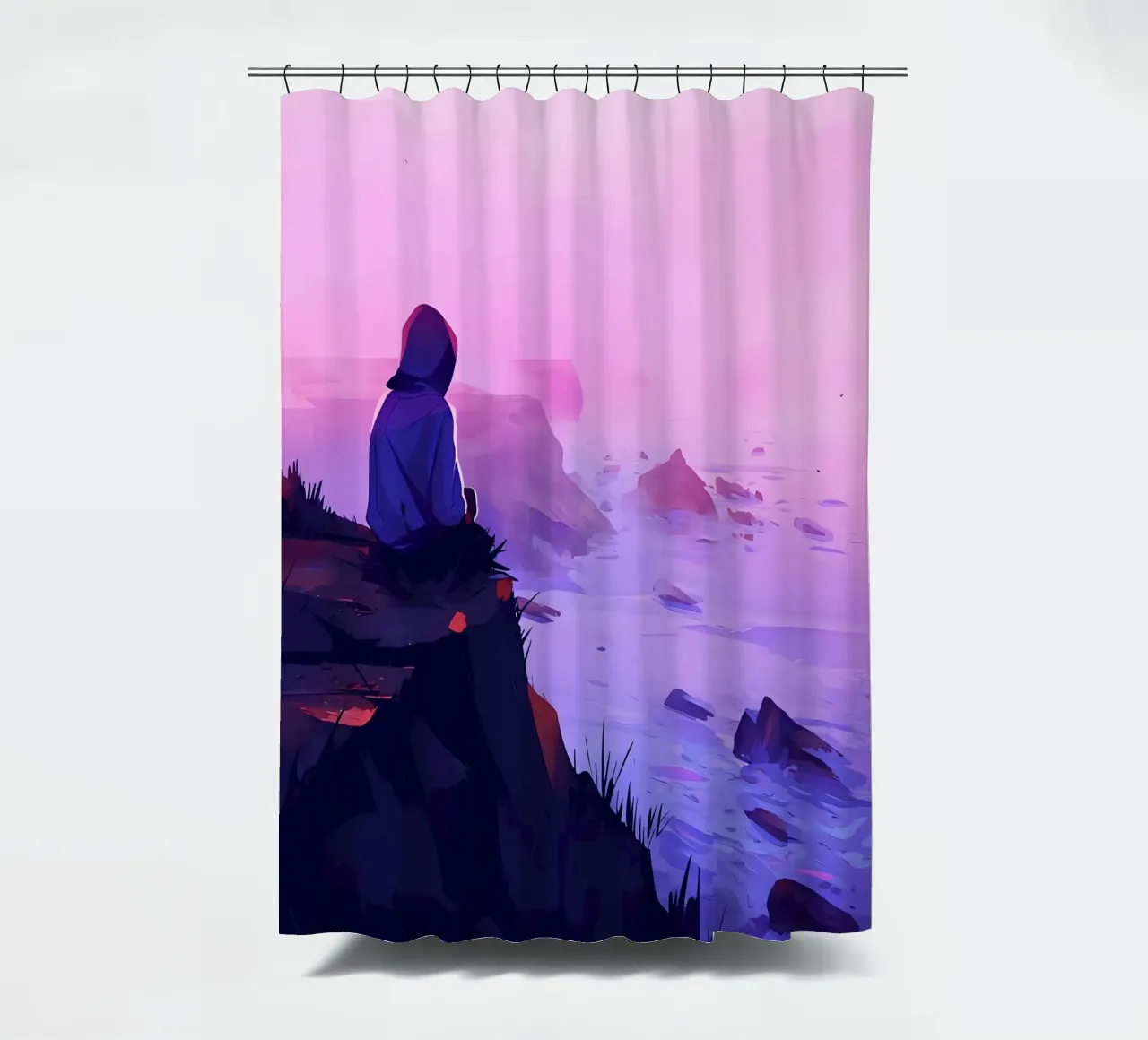 Junge sitzend in der Nähe von Oceanside in Abend Lofi Kunst Duschvorhang von LoFi Gallery