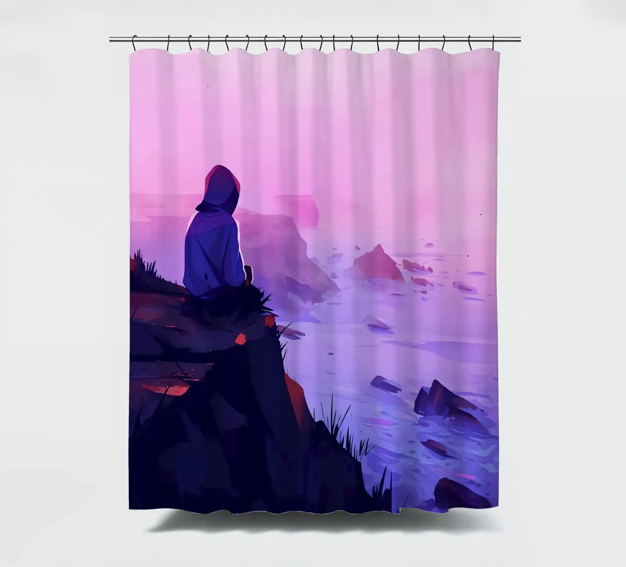 Junge sitzend in der Nähe von Oceanside in Abend Lofi Kunst Duschvorhang von LoFi Gallery