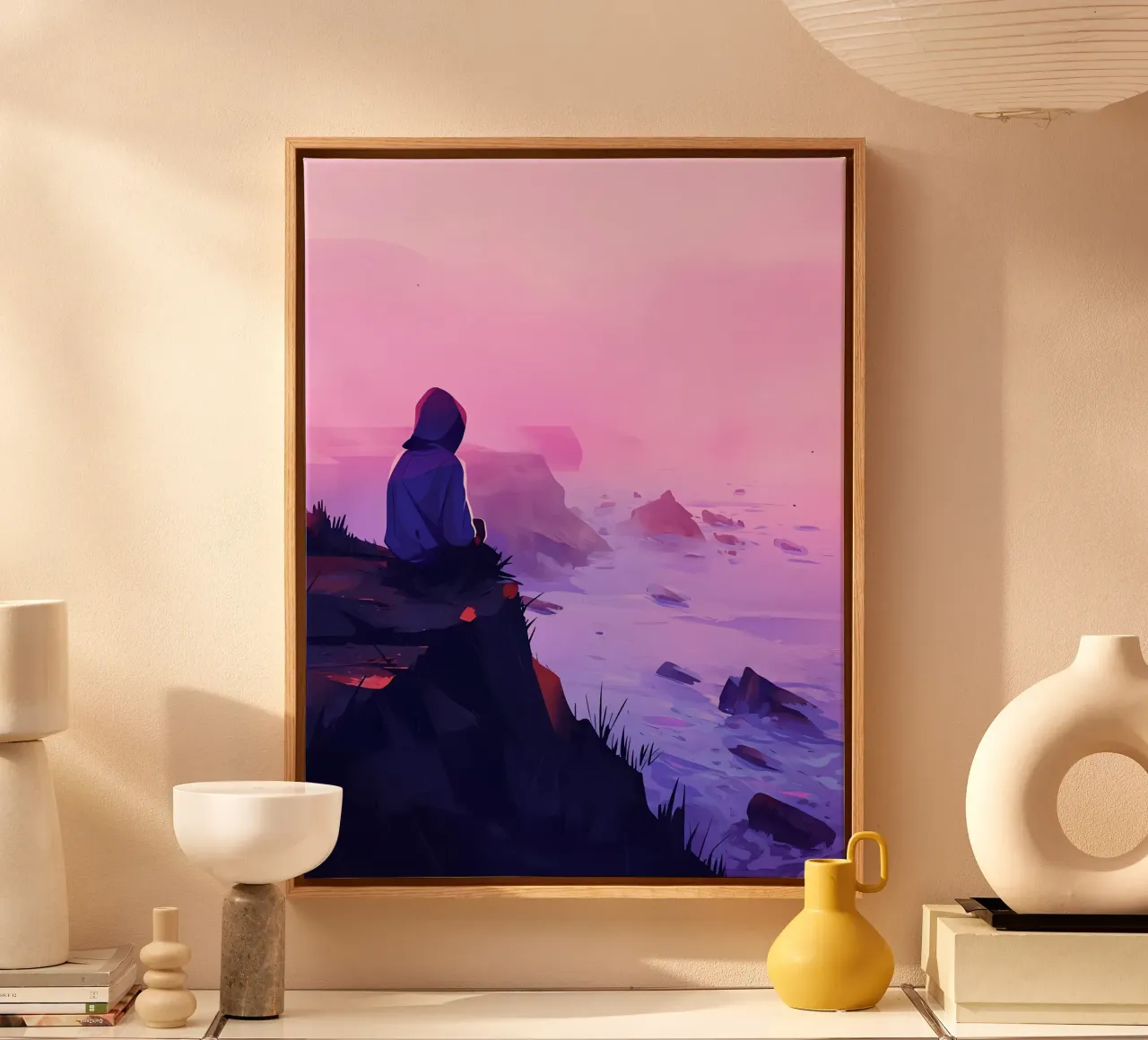 Junge sitzend in der Nähe von Oceanside in Abend Lofi Kunst Leinwand von LoFi Gallery
