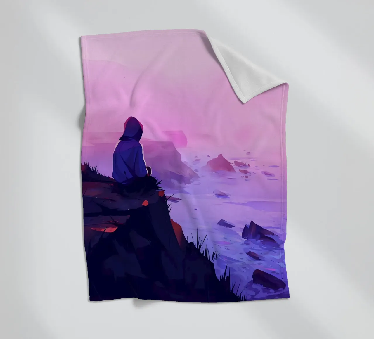 Junge sitzend in der Nähe von Oceanside in Abend Lofi Kunst Fleecedecke von LoFi Gallery