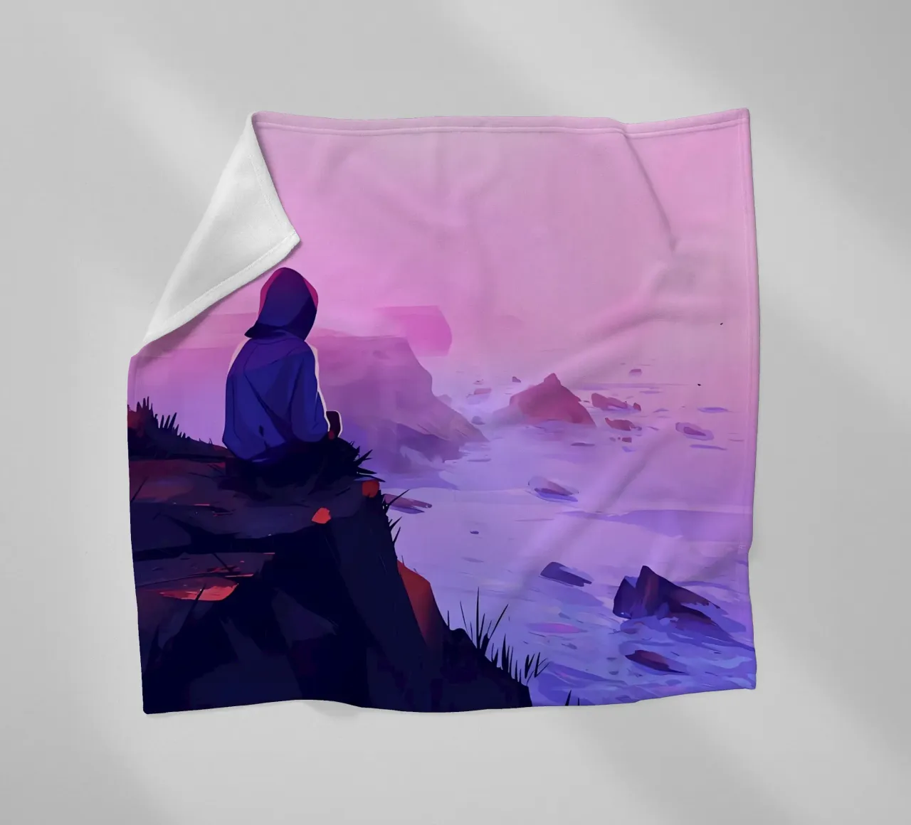 Junge sitzend in der Nähe von Oceanside in Abend Lofi Kunst Fleecedecke von LoFi Gallery