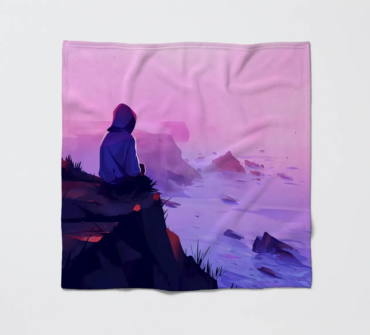 Junge sitzend in der Nähe von Oceanside in Abend Lofi Kunst Fleecedecke von LoFi Gallery
