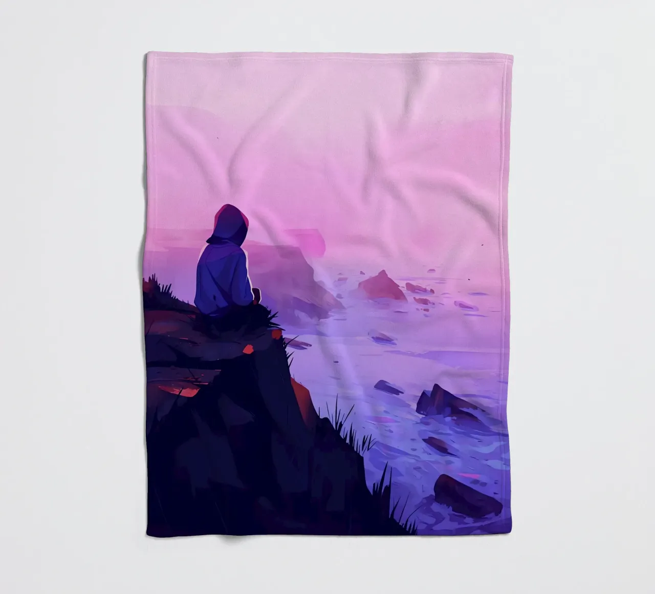 Junge sitzend in der Nähe von Oceanside in Abend Lofi Kunst Fleecedecke von LoFi Gallery