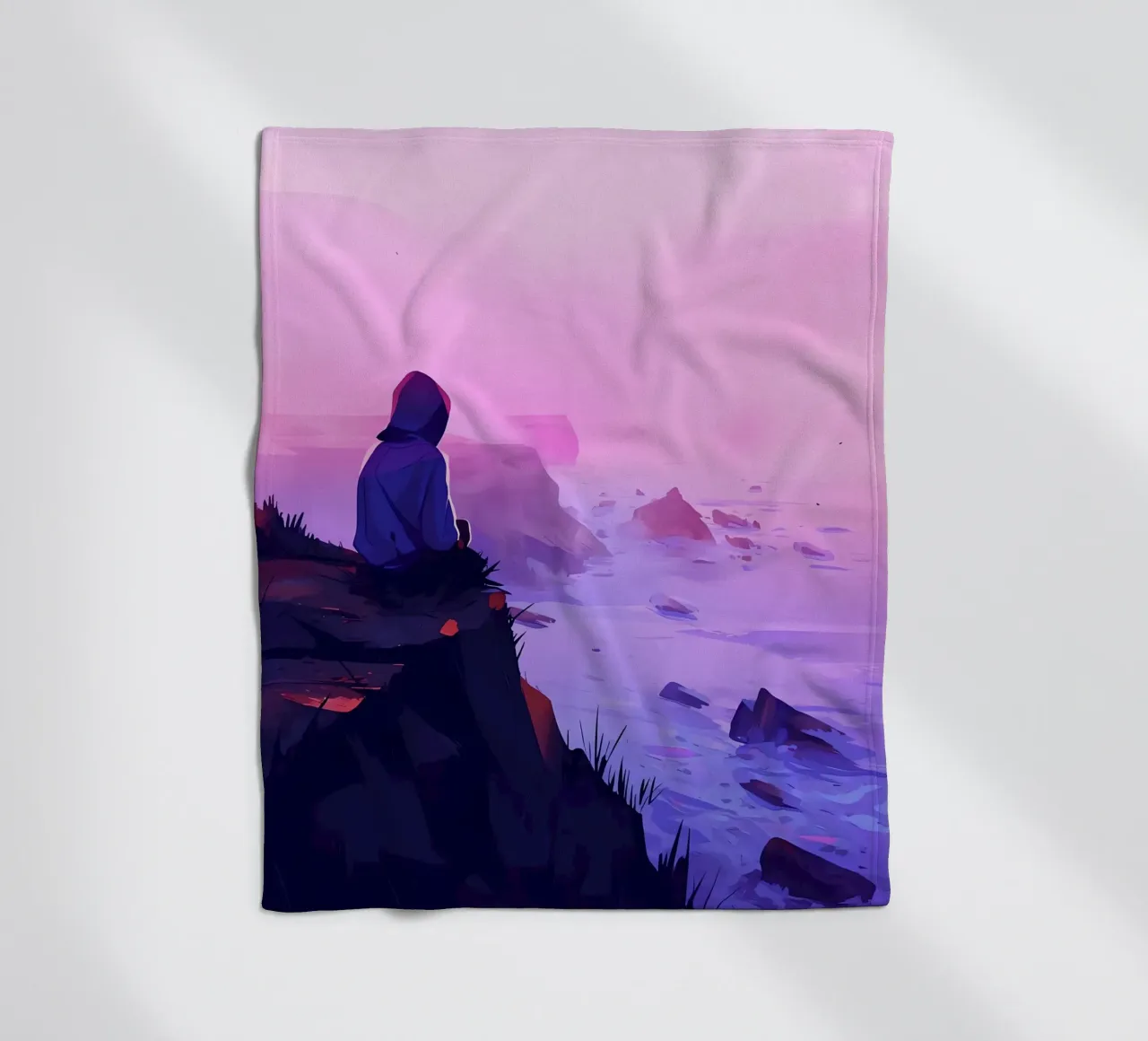 Junge sitzend in der Nähe von Oceanside in Abend Lofi Kunst Fleecedecke von LoFi Gallery