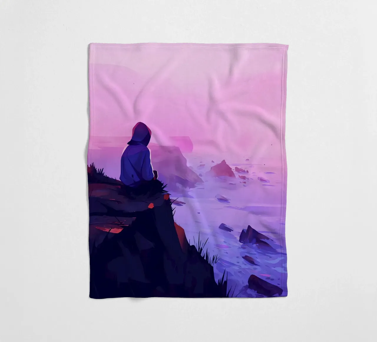 Junge sitzend in der Nähe von Oceanside in Abend Lofi Kunst Fleecedecke von LoFi Gallery
