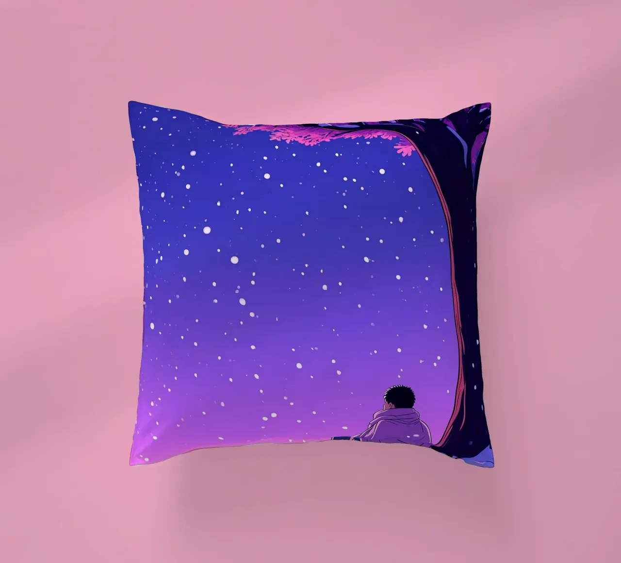 Man Sitting Beside Tree Looking At Snowfall Lofi Art decorative cushion by LoFi Gallery