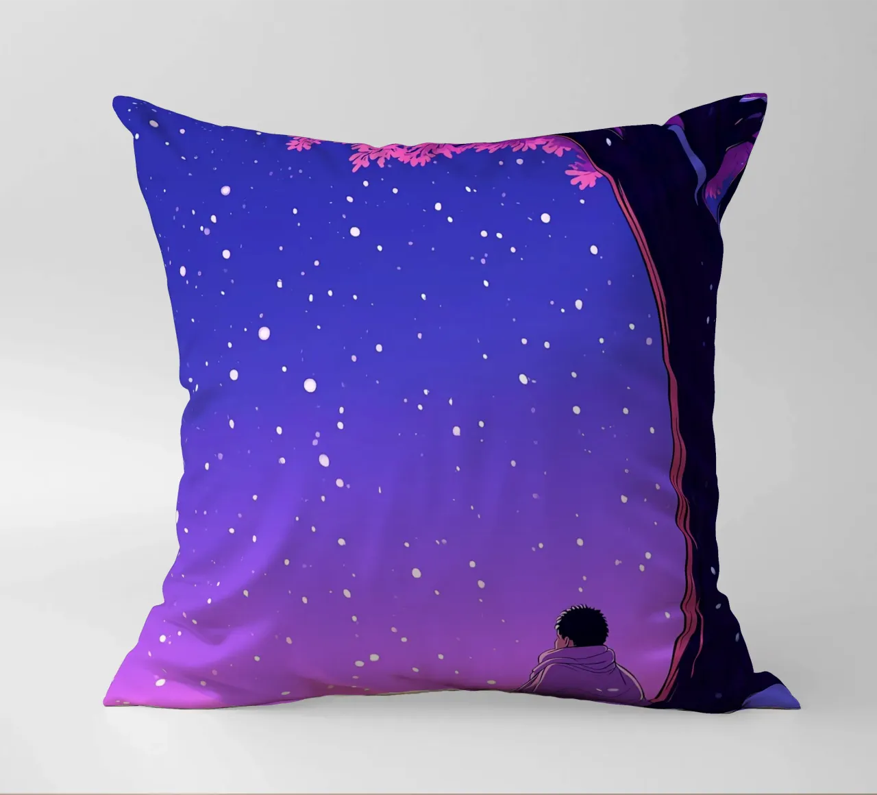 Man Sitting Beside Tree Looking At Snowfall Lofi Art decorative cushion by LoFi Gallery