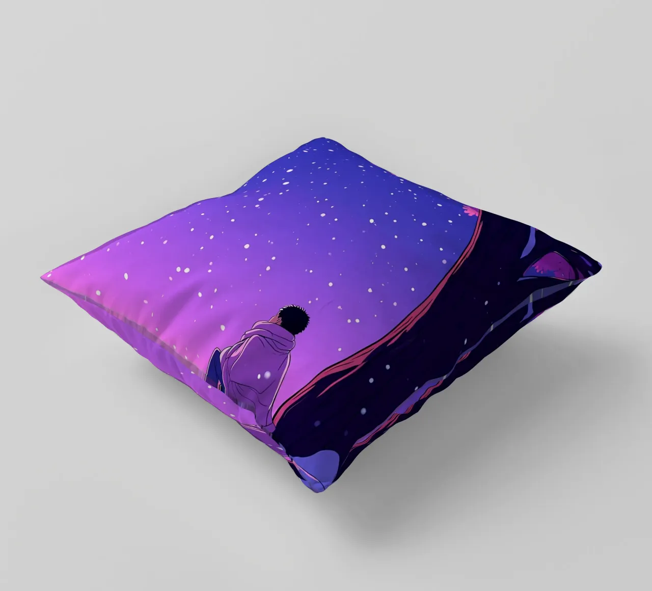 Man Sitting Beside Tree Looking At Snowfall Lofi Art decorative cushion by LoFi Gallery