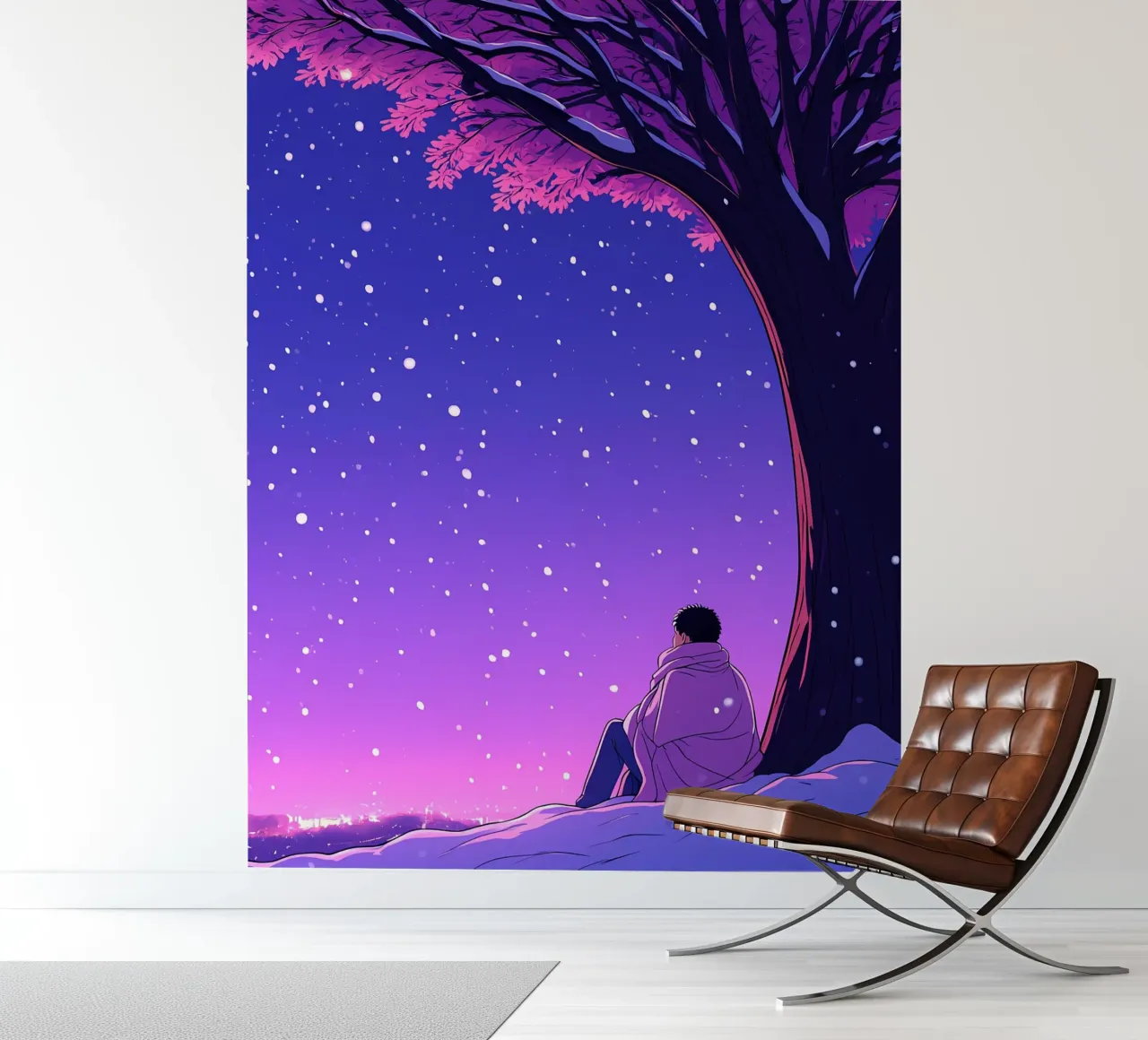 Man Sitting Beside Tree Looking At Snowfall Lofi Art photo wallpaper by LoFi Gallery