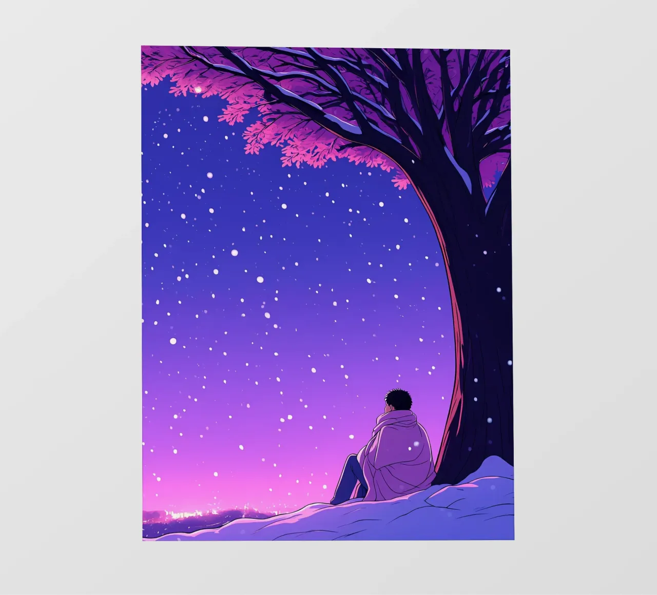 Man Sitting Beside Tree Looking At Snowfall Lofi Art photo wallpaper by LoFi Gallery