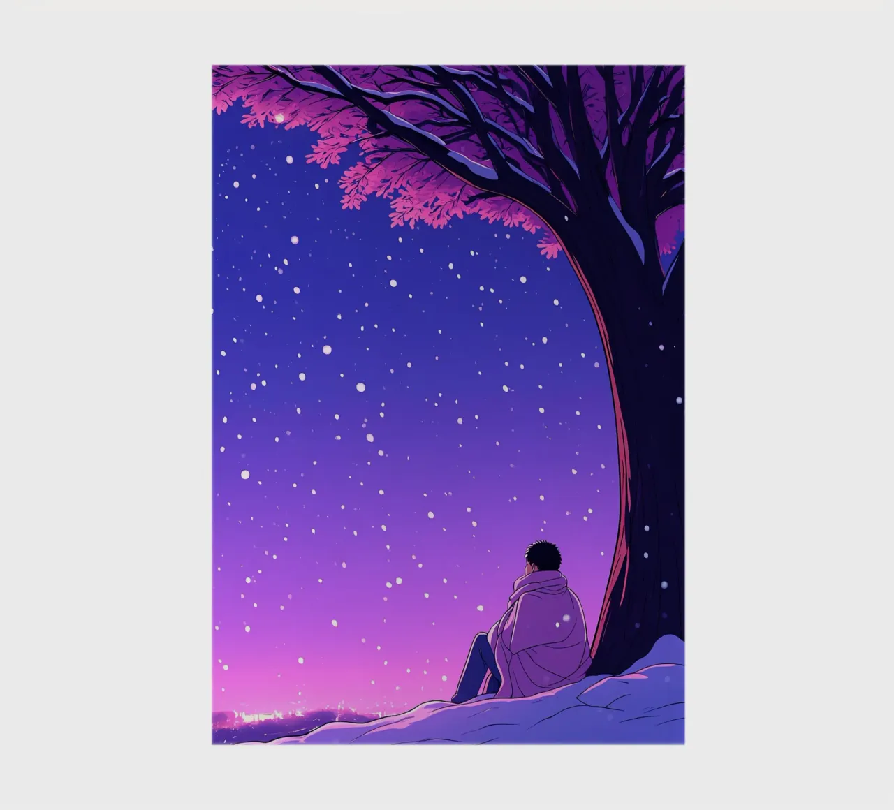 Man Sitting Beside Tree Looking At Snowfall Lofi Art notebook by LoFi Gallery