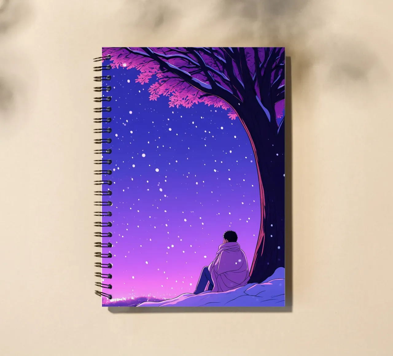 Man Sitting Beside Tree Looking At Snowfall Lofi Art spiral notebook by LoFi Gallery