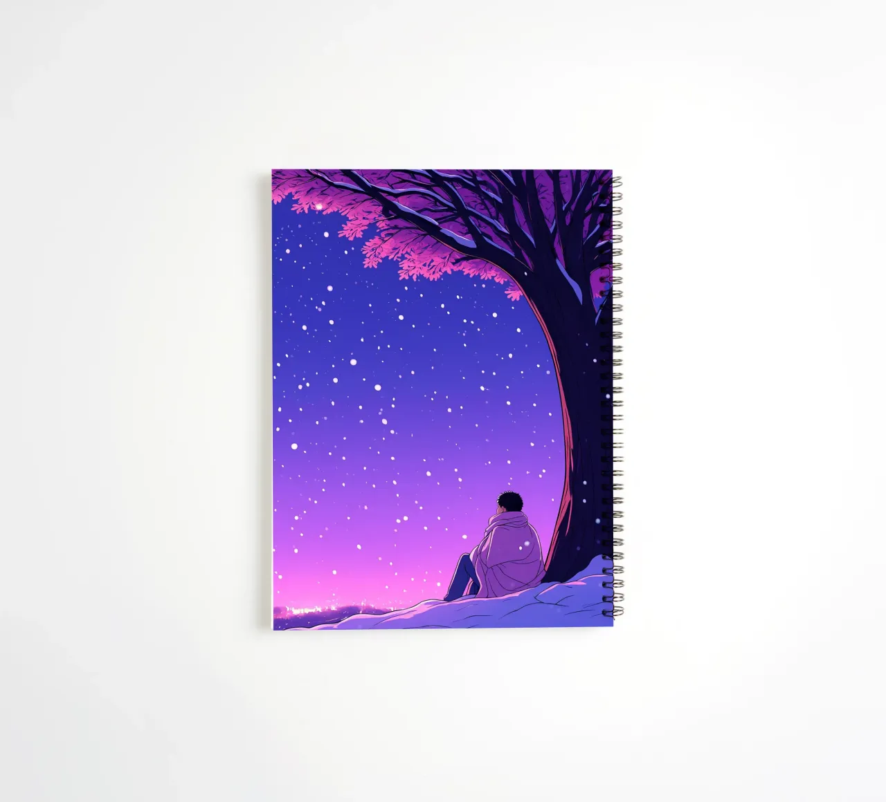 Man Sitting Beside Tree Looking At Snowfall Lofi Art spiral notebook by LoFi Gallery